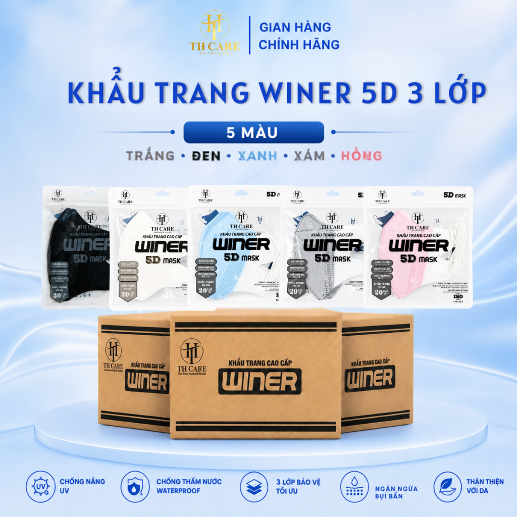 100 Chiếc Khẩu Trang 5D Winer Túi Zip 3 Lớp Dày Dặn, Quai đeo co giãn, êm tai. Mix màu thoải mái.