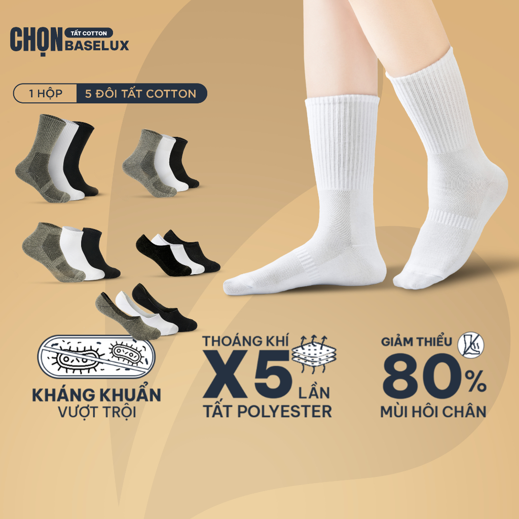 Tất nam cổ cao BaseLux tất cotton thoáng khí chống hôi chân, tất nữ mềm mại co giãn, tất nam công sở kháng khuẩn
