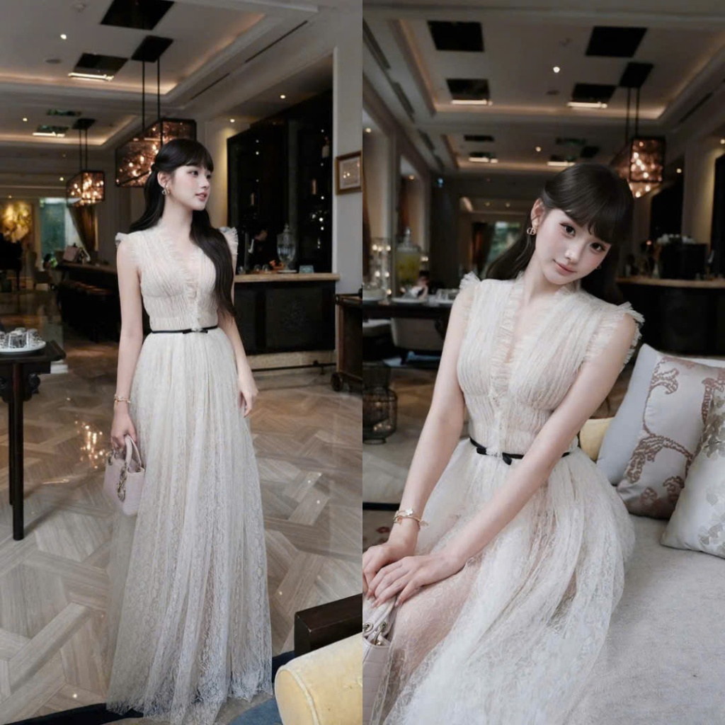 Đầm Dự Tiệc Cổ V Ren Lưới Dập Ly Nơ Eo Sang Trọng