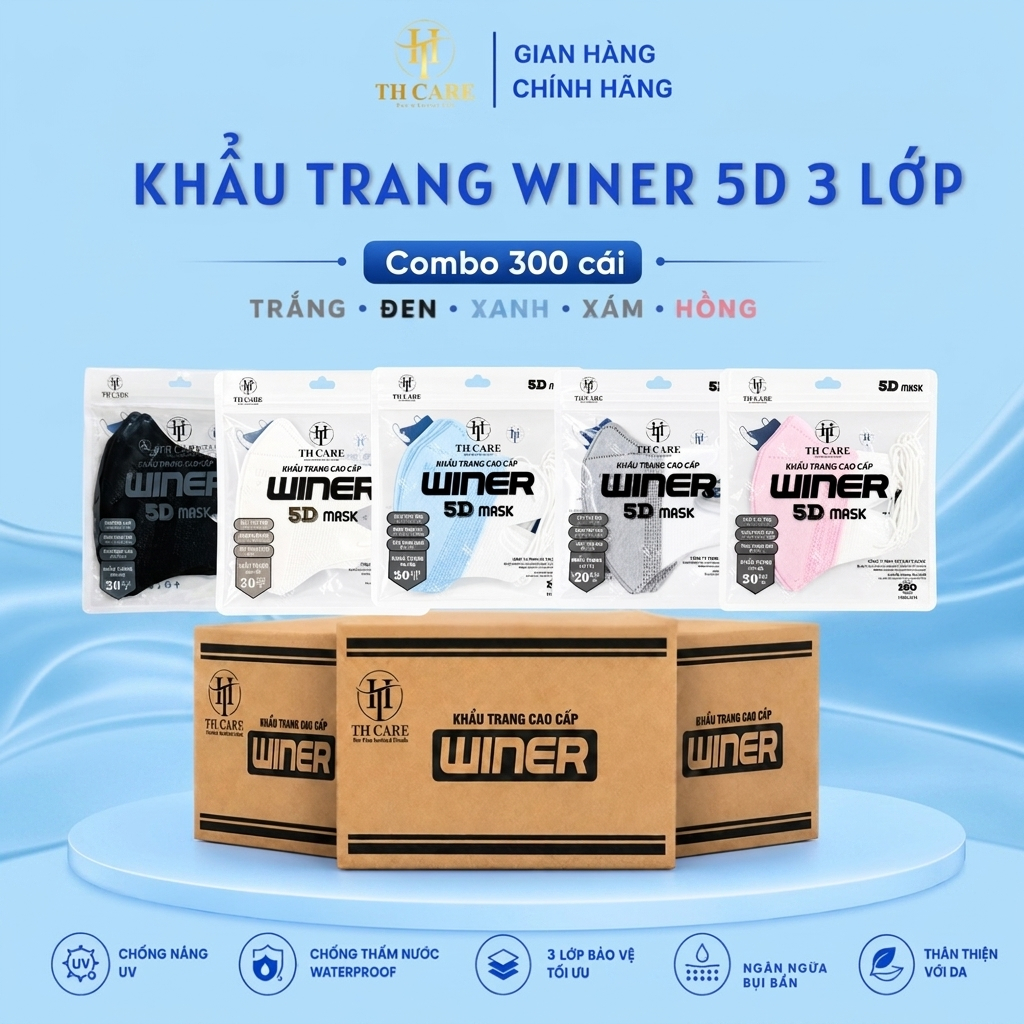 Combo 300 Cái Khẩu Trang 5D WINER 3 lớp Túi Zip dày dặn, Quai đeo co giãn, êm tai.Mix màu thoải mái.