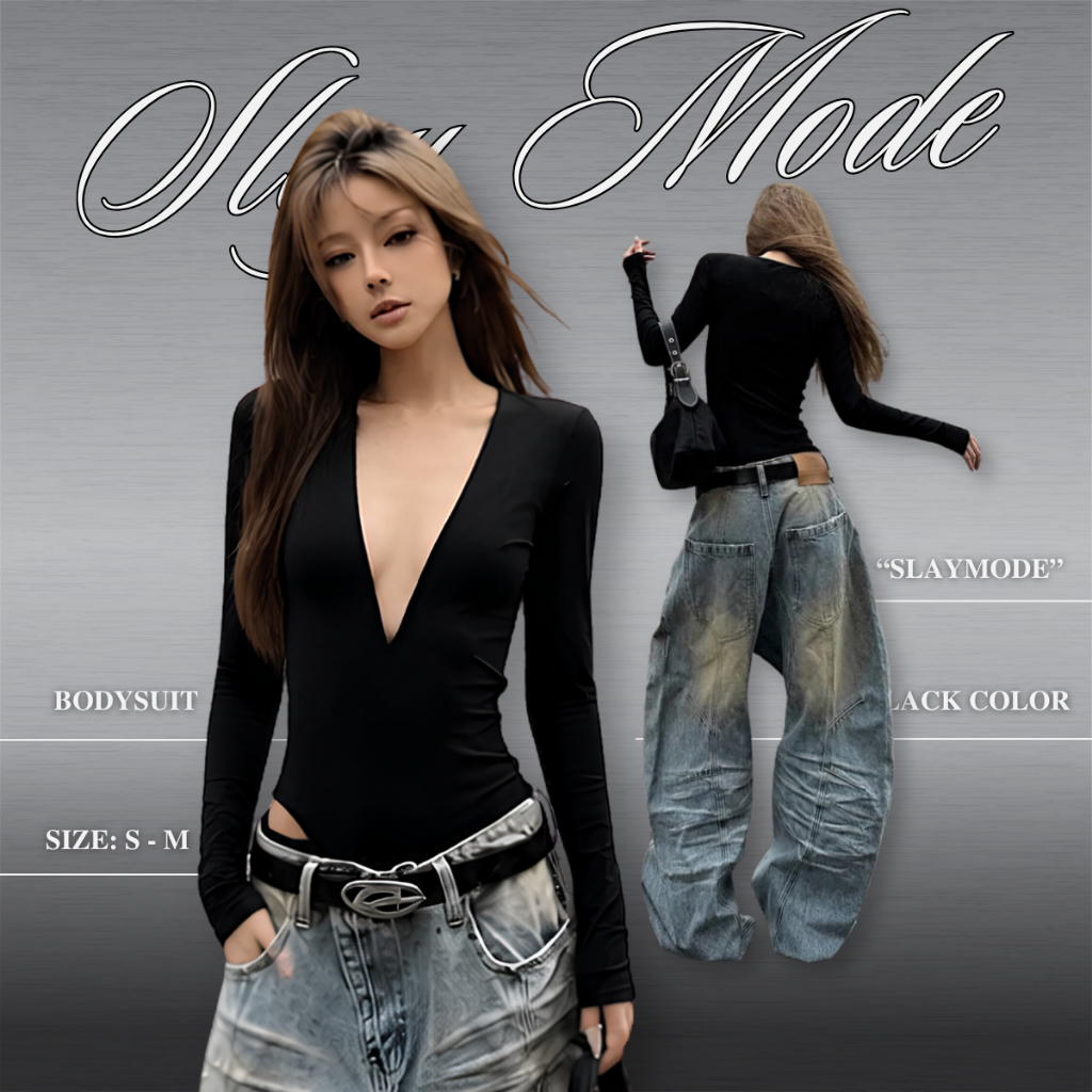(TẶNG DÁN NGỰC)Bodysuit Ego Boost tay dài cổ chữ V khoét sâu Slay Boutique thiết kế basic ôm sát co giãn - SBS012