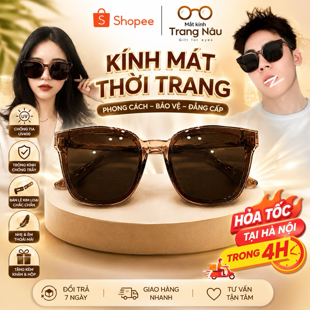 Kính mát nam nữ chống UV400 thiết kế mắt vuông dễ đeo màu sắc thời trang 602335 – Kính Mắt Trang Nâu