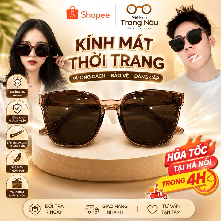 Kính mát nam nữ chống UV400 thiết kế mắt vuông dễ đeo màu sắc thời trang 602335 - Kính Mắt Trang Nâu