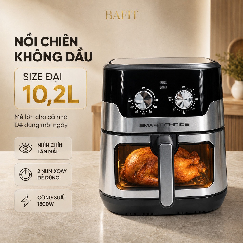 Nồi Chiên Không Dầu 10,2L SC SMART CHOICE 1800W Nút Vặn Cơ Nướng Gà Nguyên Con Chín Đều