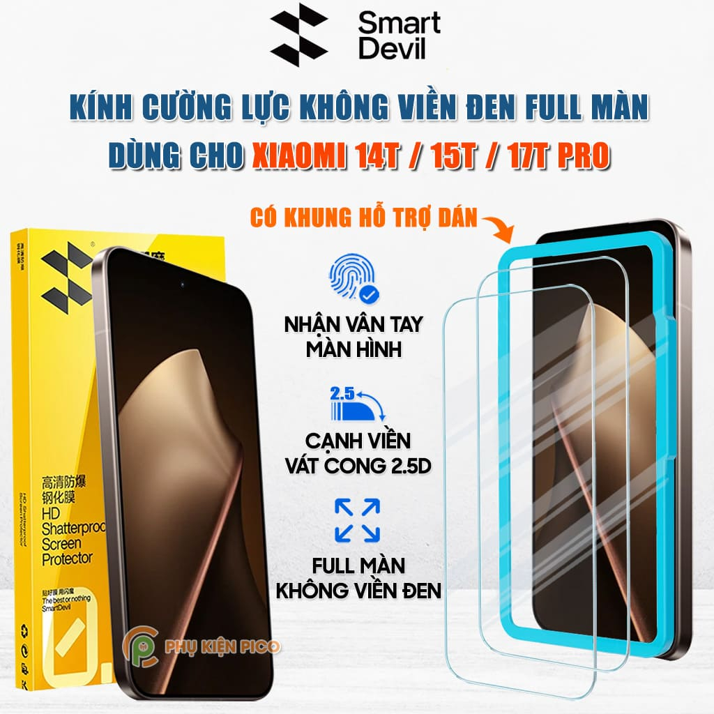 Kính cường lực dùng cho Xiaomi 14T / 15T Pro / 17T Pro trong suốt nhận vân tay full màn hình hãng Smart Devil