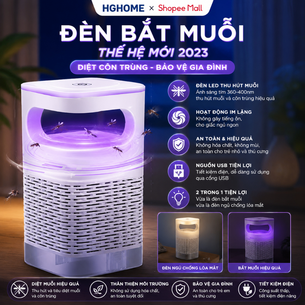 Đèn bắt muỗi thế hệ mới diệt côn trùng điện quang máy bắt muỗi kiêm đèn ngủ chống lóa mắt - HGHOME
