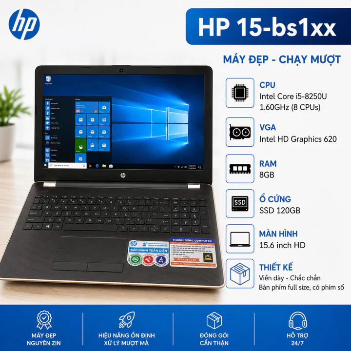 Laptop HP 15-bs1xx Core i5-8250U | RAM 8GB | SSD 120GB | Intel HD 620 | Màn 15.6" HD | Laptop Cũ - Giá Rẻ