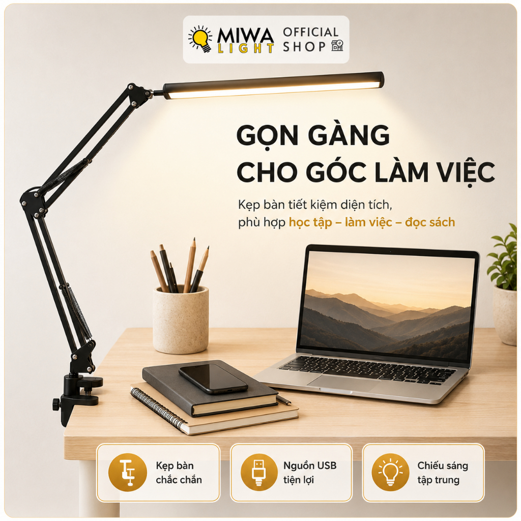 Đèn LED Kẹp Bàn Kim Loại 3 Chế Độ Màu Đèn Bàn Học Chống Cận Xoay Gập Dễ Dàng USB Cánh Tay Dài | BigBuy360 - bigbuy360.vn