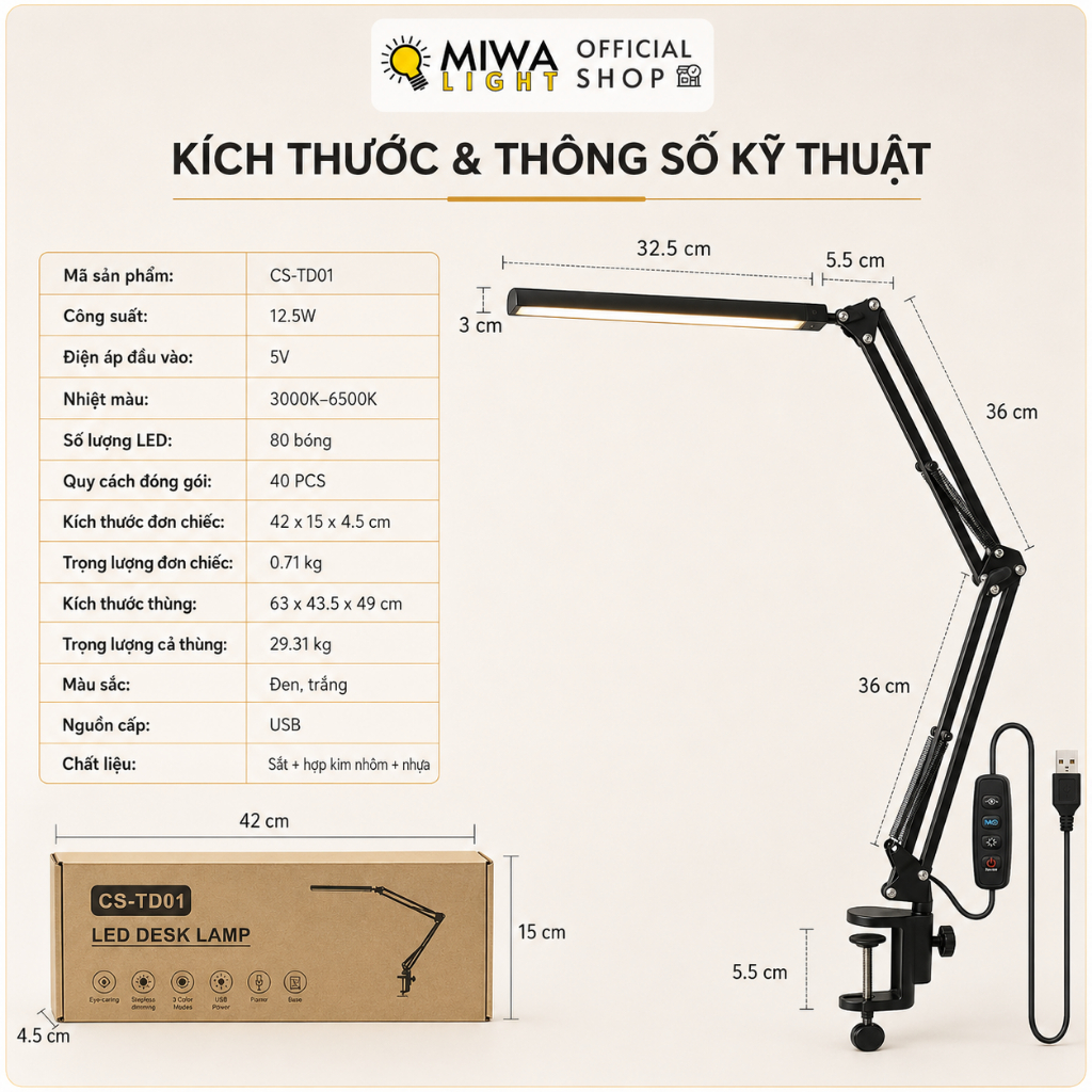 Đèn LED Kẹp Bàn Kim Loại 3 Chế Độ Màu Đèn Bàn Học Chống Cận Xoay Gập Dễ Dàng USB Cánh Tay Dài | BigBuy360 - bigbuy360.vn