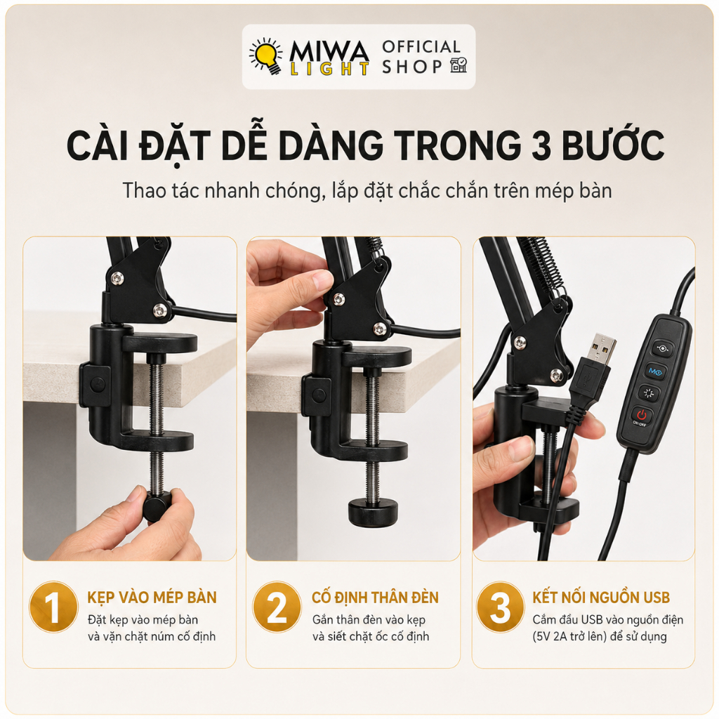 Đèn LED Kẹp Bàn Kim Loại 3 Chế Độ Màu Đèn Bàn Học Chống Cận Xoay Gập Dễ Dàng USB Cánh Tay Dài | BigBuy360 - bigbuy360.vn