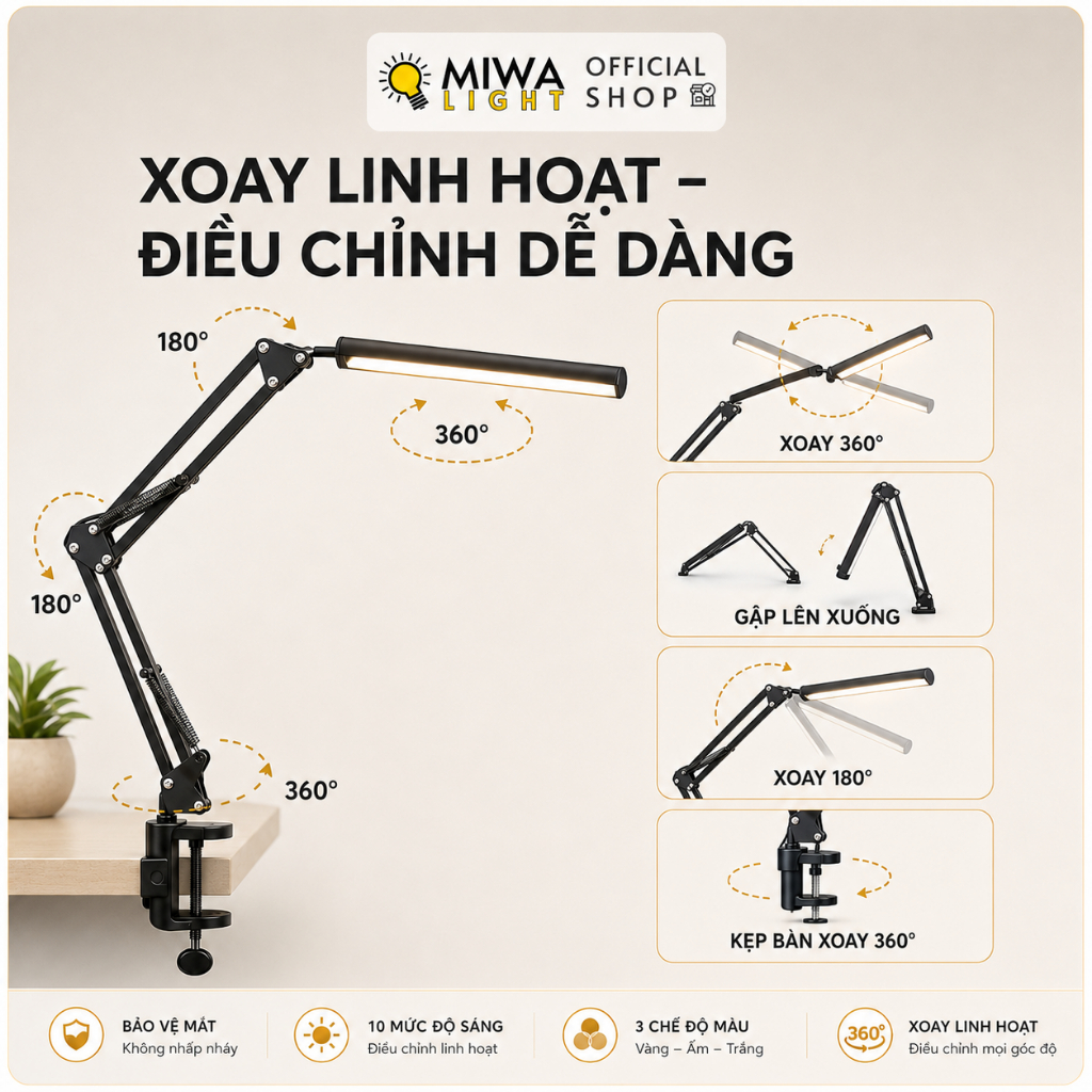Đèn LED Kẹp Bàn Kim Loại 3 Chế Độ Màu Đèn Bàn Học Chống Cận Xoay Gập Dễ Dàng USB Cánh Tay Dài | BigBuy360 - bigbuy360.vn