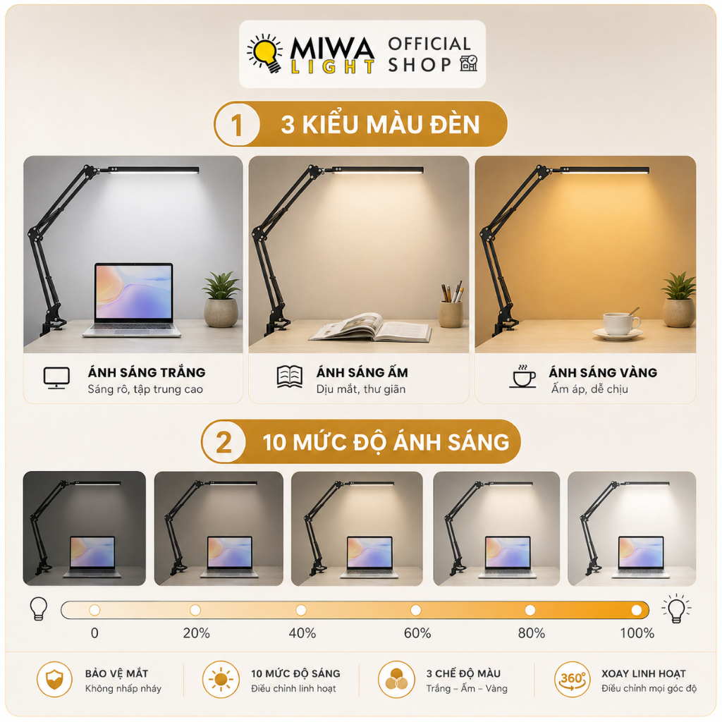 Đèn LED Kẹp Bàn Kim Loại 3 Chế Độ Màu Đèn Bàn Học Chống Cận Xoay Gập Dễ Dàng USB Cánh Tay Dài | BigBuy360 - bigbuy360.vn