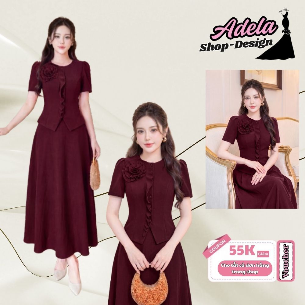 Set Váy Thiết Kế ADELA DESIGN Chéo Nhật Peplum Hoa 3D Dáng Xòe MDU6518