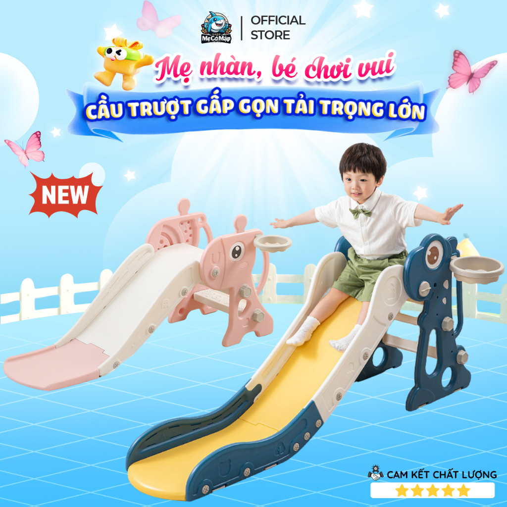 Cầu Trượt Cho Bé Tặng kèm Bóng Rổ + Ném Vòng, Cầu Trượt Cho Bé Trai Bé Gái Gấp Gọn Tiện Lợi Chất Liệu  An Toàn
