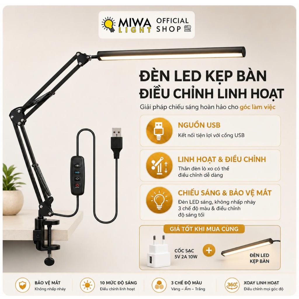 Đèn LED Kẹp Bàn Kim Loại 3 Chế Độ Màu Đèn Bàn Học Chống Cận Xoay Gập Dễ Dàng USB Cánh Tay Dài | BigBuy360 - bigbuy360.vn