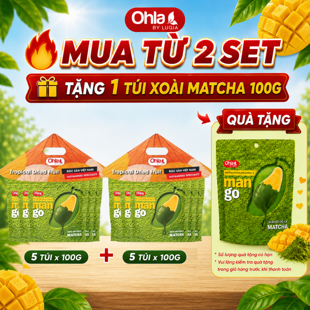Set Nón Lá Xoài Sấy Dẻo Nhúng Socola Matcha Ohla (5 x 100g) - Snack Ăn Vặt Kết Hợp Dinh Dưỡng Từ Trái Cây Và Matcha
