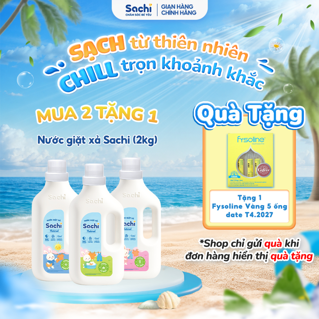 Nước Giặt Xả Cho Bé Sachi - Chai 2kg Hương Thơm Dịu Nhẹ, Làm Sạch Vết Bẩn, Làm Mềm và Giữ Bền Màu Vải