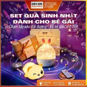 Set Quà Tặng Bé Gái Decor Square: Đèn Thỏ Chiếu Sao & Đèn Ngủ Silicone Mèo ( Gói Quà + Túi Giấy )