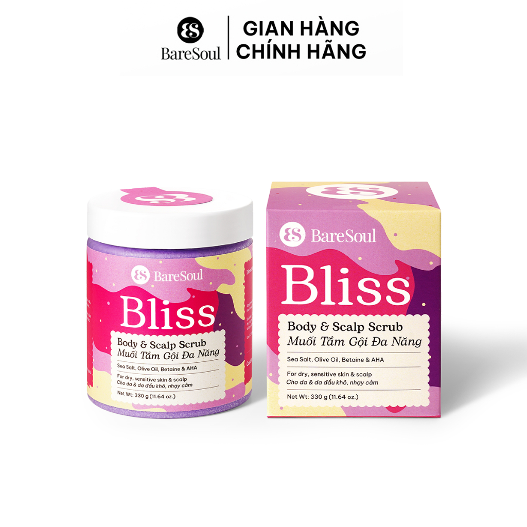 Muối tắm gội tím tẩy tế bào chết da đầu cho tóc tẩy nhuộm Bliss BareSoul Salt Body & Scalp Scrub 330g