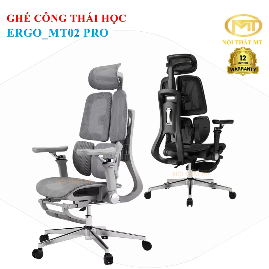 Ghế công thái học full công năng Ergo_MT02 Pro lưng 5 mãnh, tựa đầu chỉnh 2D,tựa tay chỉnh 6D, ngã lưng 135độ, mâm trượt