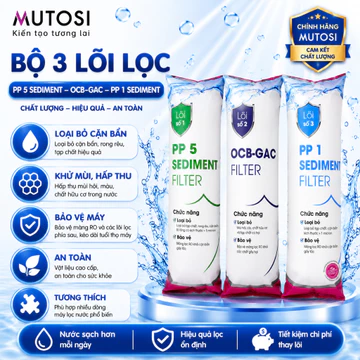 Bộ Lõi Lọc Thô 1 2 3 Mutosi Chính Hãng - PP 5 Micron - Than Hoạt Tính - PP 1 Micron