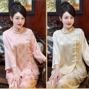 Bộ Đồ Lam Nữ Đi Chùa Nút Ngọc Trai Chất Liệu Vải Lụa Gấm Tay Lỡ Kiểu Dáng Trang Nhã DL005