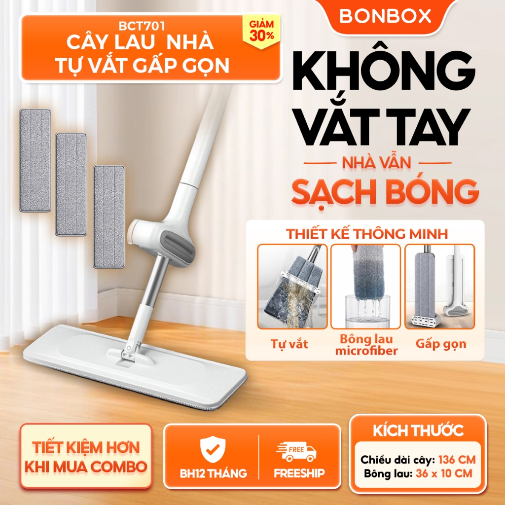 Cây Lau Nhà Tự Vắt Thông Minh BONBOX BCT701 Đầu Xoay 360 Độ Linh Hoạt, Chổi Lau Nhà Tự Vắt Lau Sạch Mọi Góc - Chính Hãng
