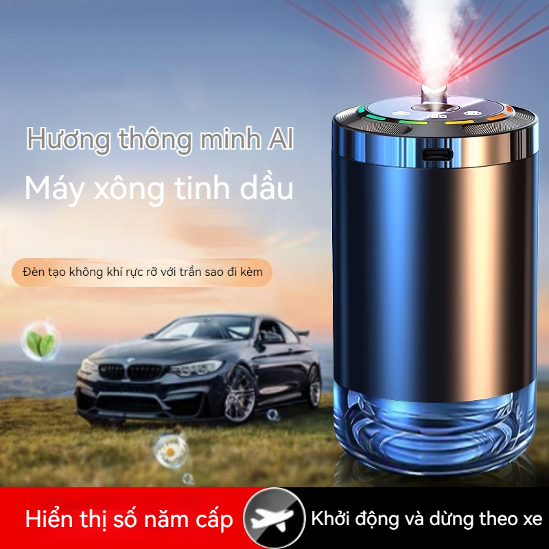Máy xông tinh dầu ô tô thông minh - 5 chế độ hương, LED 7 màu, an toàn mẹ bầu & trẻ,tặng kèm nước hoa