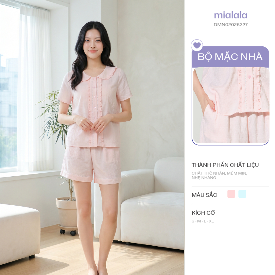 Mialala Bộ Mặc Nhà Cho Nữ 6227 Cổ Sen Ren Bèo Chất Thô Nhăn Nhẹ Thoáng Mát Phong Cách Tiểu Thư