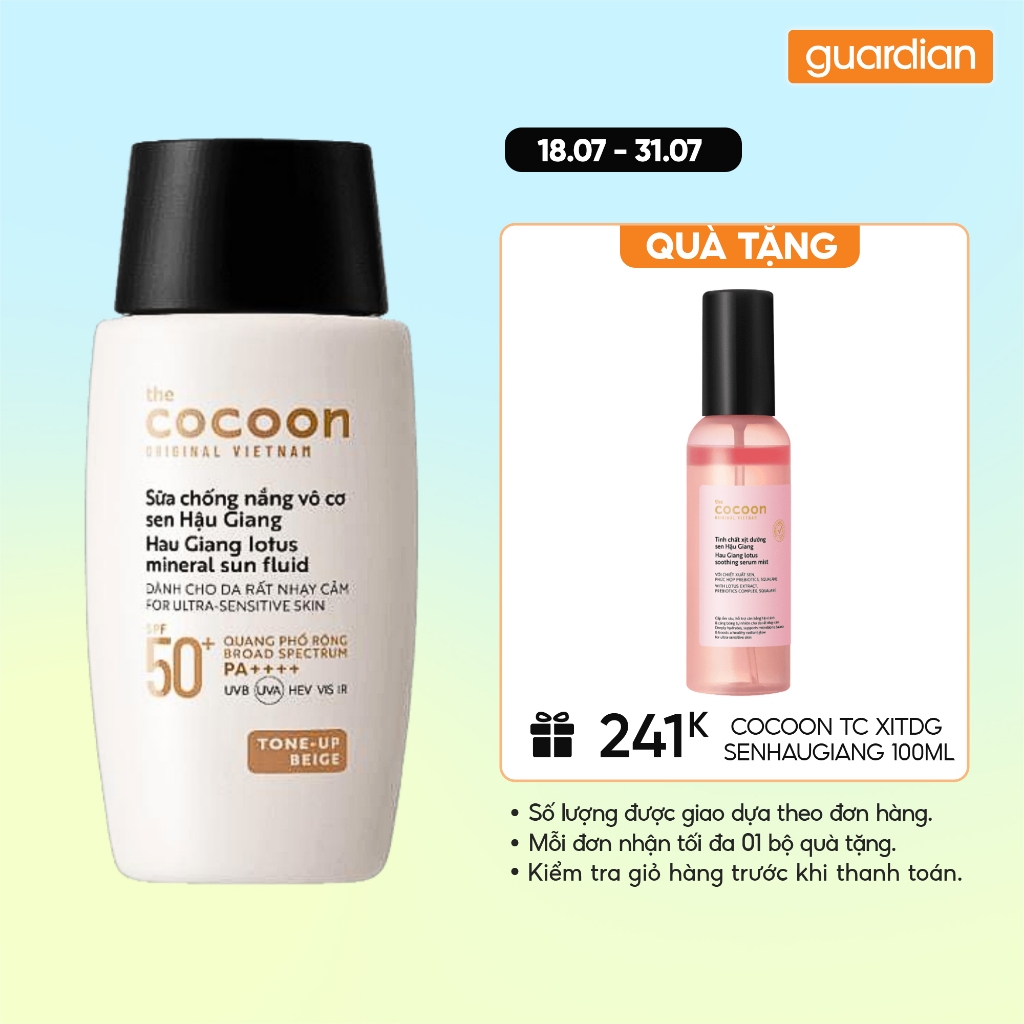 Sữa Chống Nắng Vô Cơ Sen Hậu Giang Cocoon SPF 50 Tone-Up Beige 50ml