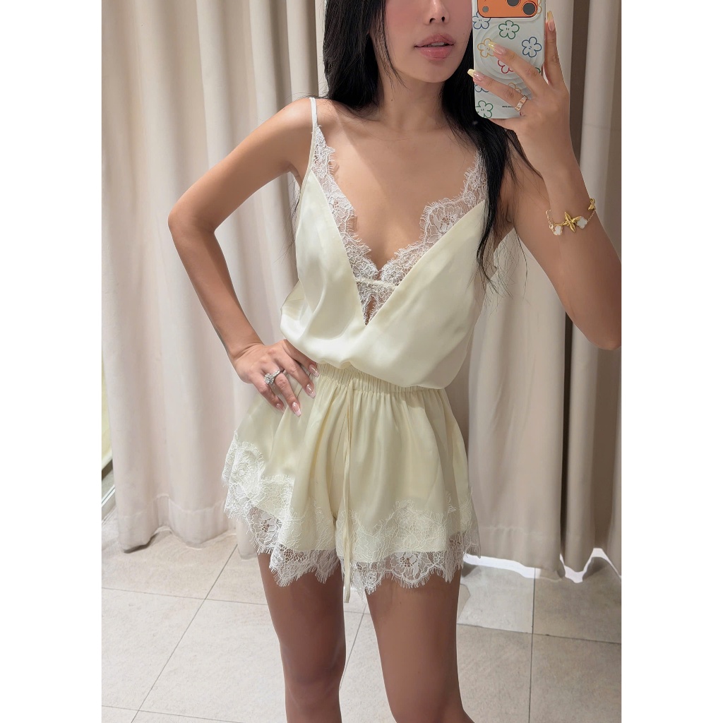 GIANG DONNA - Set áo lụa hai dây phối ren + quần lụa dáng ngắn lưng chun xinh xắn IRIS SET