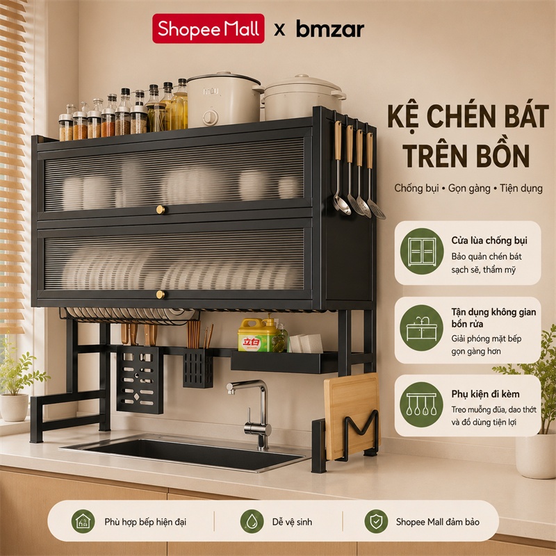 BMZAR Kệ chén có nắp đậy thép cacbon Kệ bát trên bồn rửa bát 65-125CM Kệ úp chén Có thể chịu được 200kg | BigBuy360 - bigbuy360.vn
