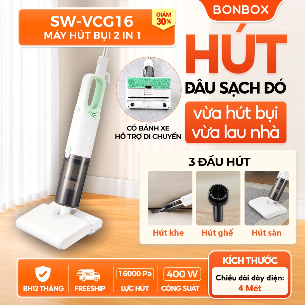 Máy hút bụi 2 trong 1 BONBOX - lực hút 16000 Pa, công suất 400W với lớp lọc bụi mịn HEPA, 3 đầu hút mã Samono SW-VCG16