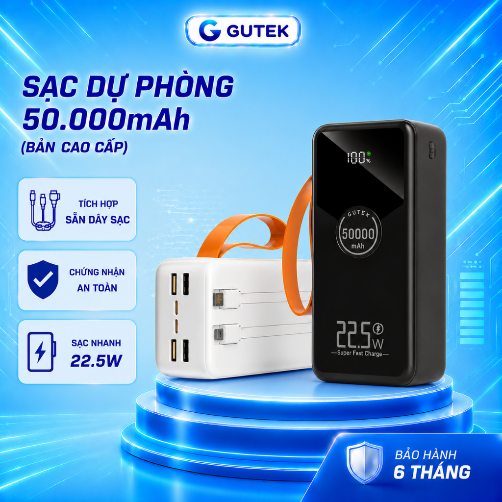 Sạc dự phòng 50000mAh sạc nhanh 22,5w dung lượng pin lớn có dây cắm nhiều điện thoại - Gutek GT230