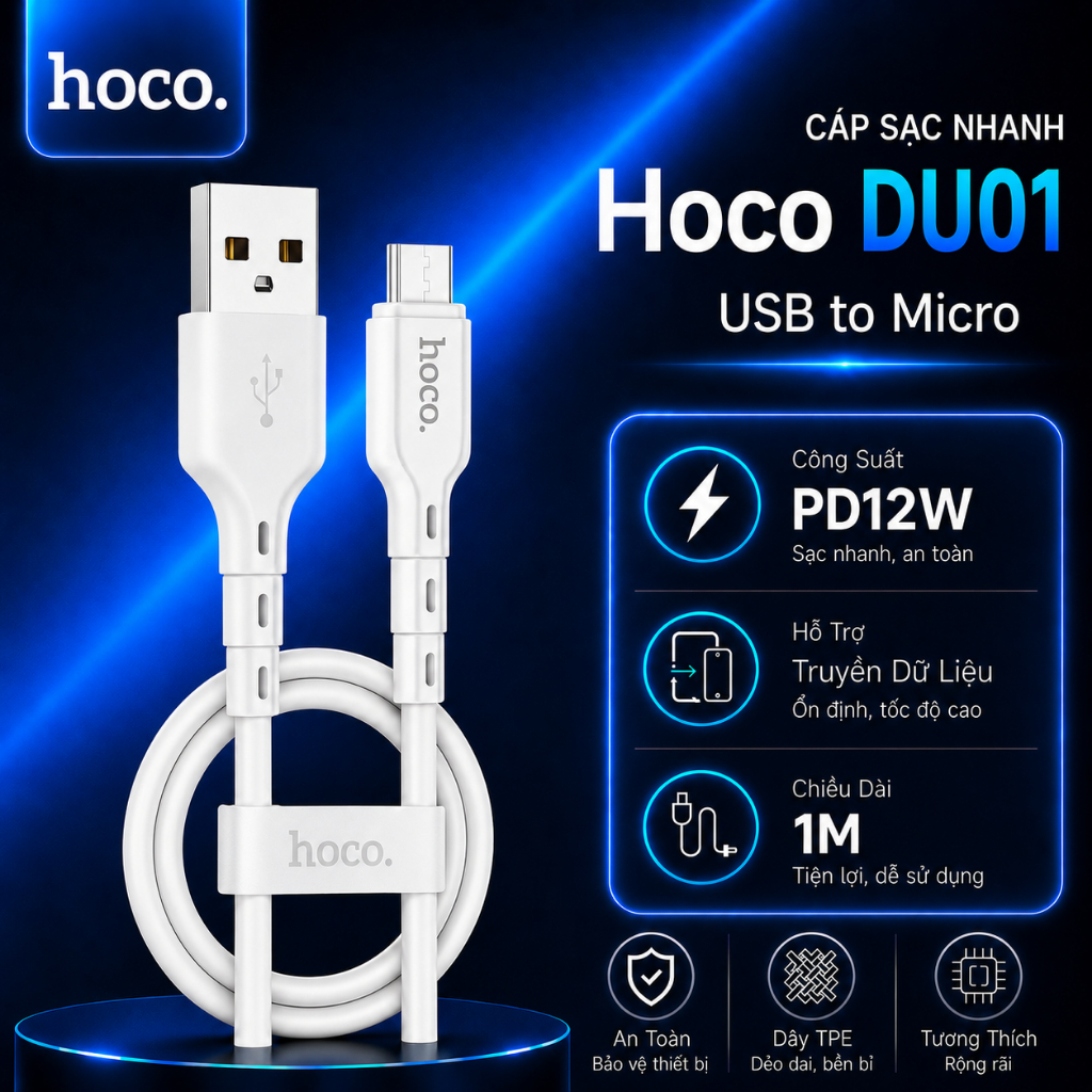 Cáp sạc PD12W USB to Micro Hoco DU01 truyền dữ liệu dùng cho 15 trở lên/Android , dài 1m
