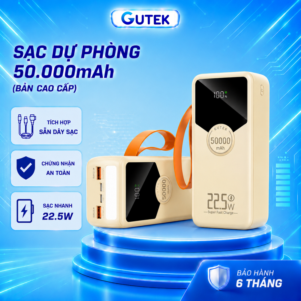 Pin sạc dự phòng 50000mAh Gutek GT240 sạc nhanh 22,5W có dây cắm nhiều điện thoại