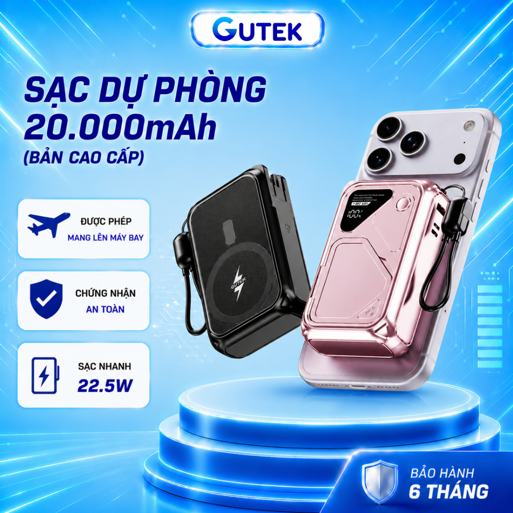 Pin Sạc Dự Phòng 20000mAh công suất 22.5W Sạc Không Dây Từ Tính