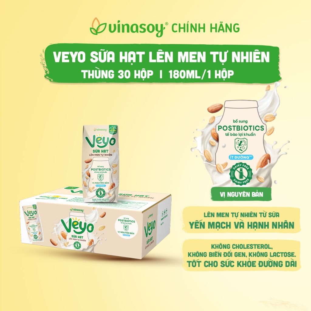 Thùng Veyo Sữa hạt lên men tự nhiên Vị Nguyên bản Ít đường (30hộp x 180ml)
