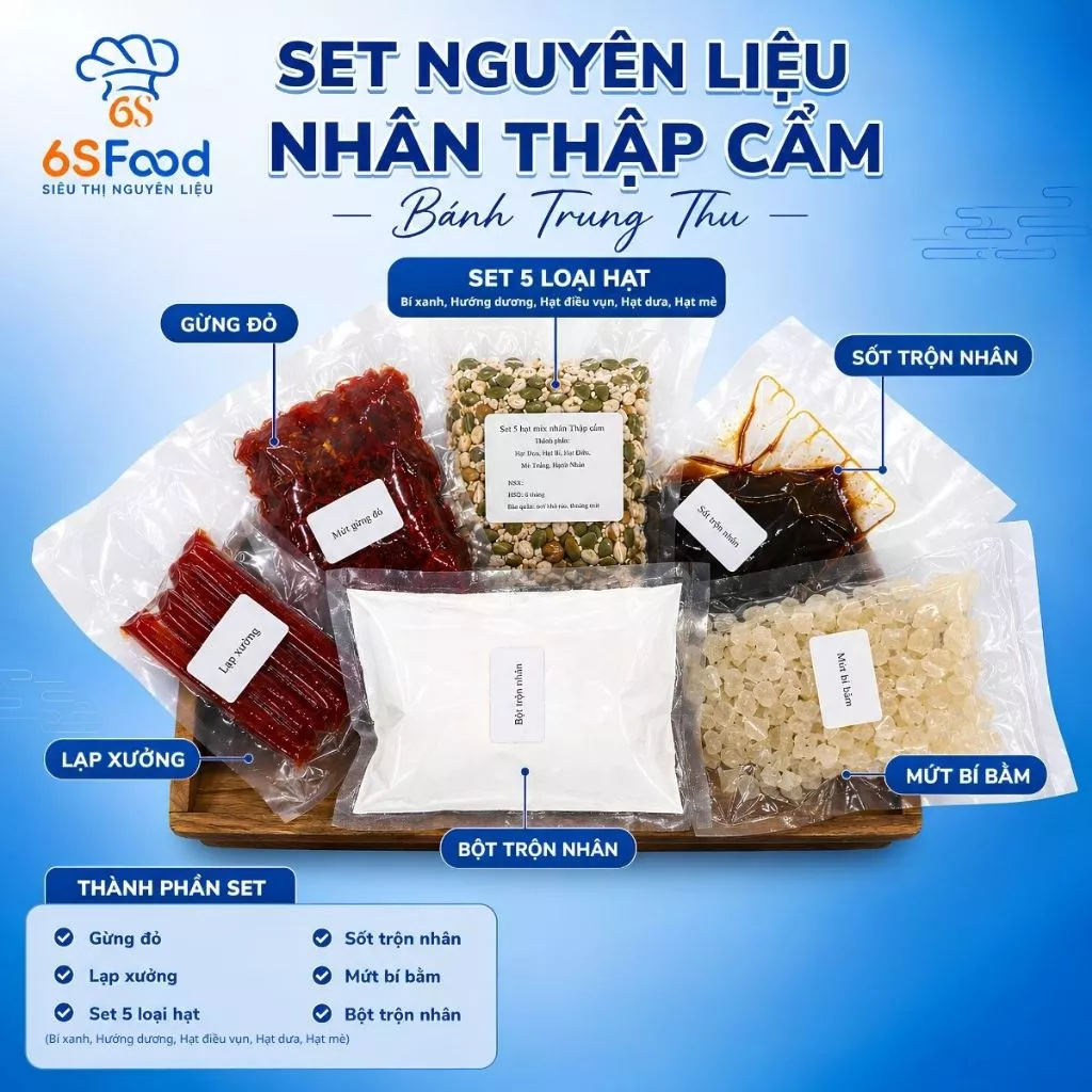 Set Nguyên Liệu Làm Bánh Trung Thu Nướng/ Dẻo Cao Cấp Nhân Thập Cẩm, Nhân Mix 4 Vị, 8 Vị-6SFOOD