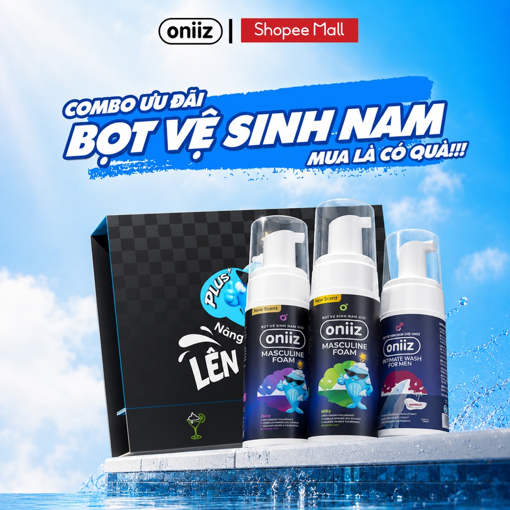 Combo Bọt vệ sinh nam giới Oniiz hương nước hoa 100ml, Dung dịch vệ sinh Oniiz Plus Masculine Foam hương cocktail 145ml