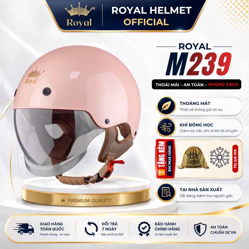 Mũ Bảo Hiểm Nửa Đầu Royal M239 Chính Hãng Có Kính Âm Chắn Gió Tháo Lót Vệ Sinh Đước, Nón Bảo Hiểm Royal 1/2 Đầu Nam Nữ