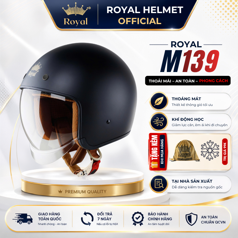 Mũ Bảo Hiểm 3/4 Royal M139 Chính Hãng Có Kính Âm Dài Chắn Gió Nam Nữ, Mũ Bảo Hiểm Royal Đi Xe Máy Kính Chống UV An Toàn