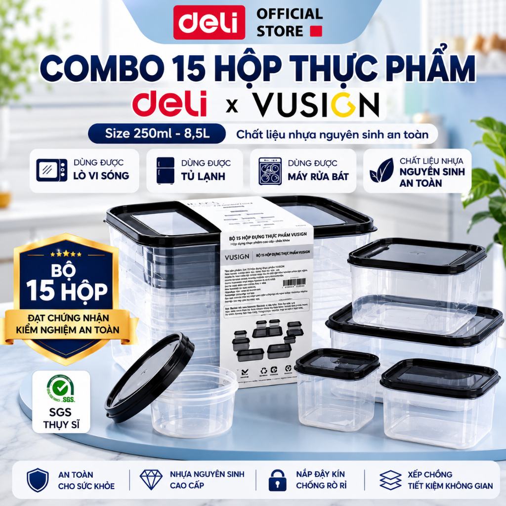 Bộ 15 Hộp Đựng Thực Phẩm DELI x VUSIGN 250–8500ml Hộp Thức Ăn Đồ Ăn Dùng Lò Vi Sóng, Máy Rửa Bát