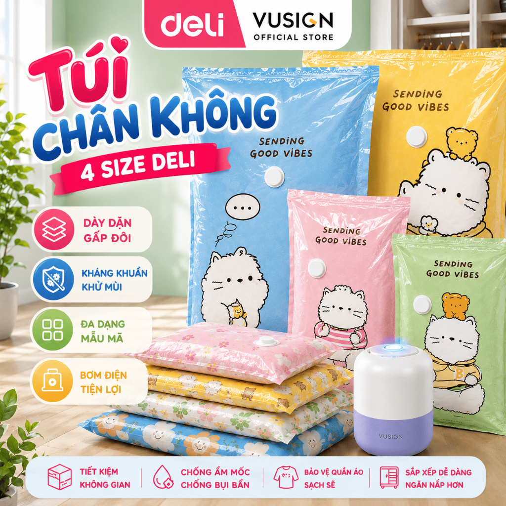[HOẢ TỐC] Túi hút chân không đựng quần áo chăn mền Deli DÀY GẤP ĐÔI CÓ VAN CHỐNG RÒ HƠI chống ẩm mốc