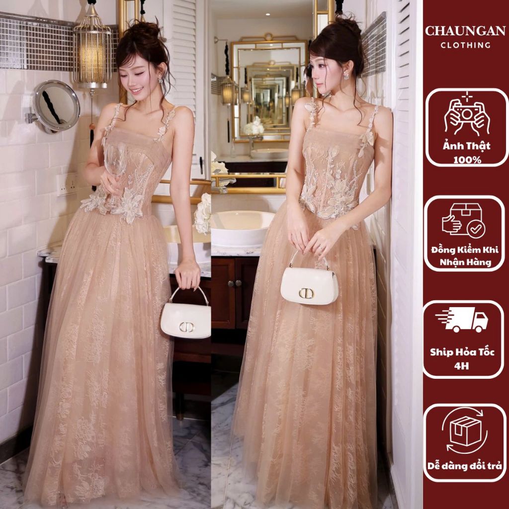 Đầm Dạ Hội Hai Dây Phom Corset Thêu Ren Hoa Tùng Voan tơ