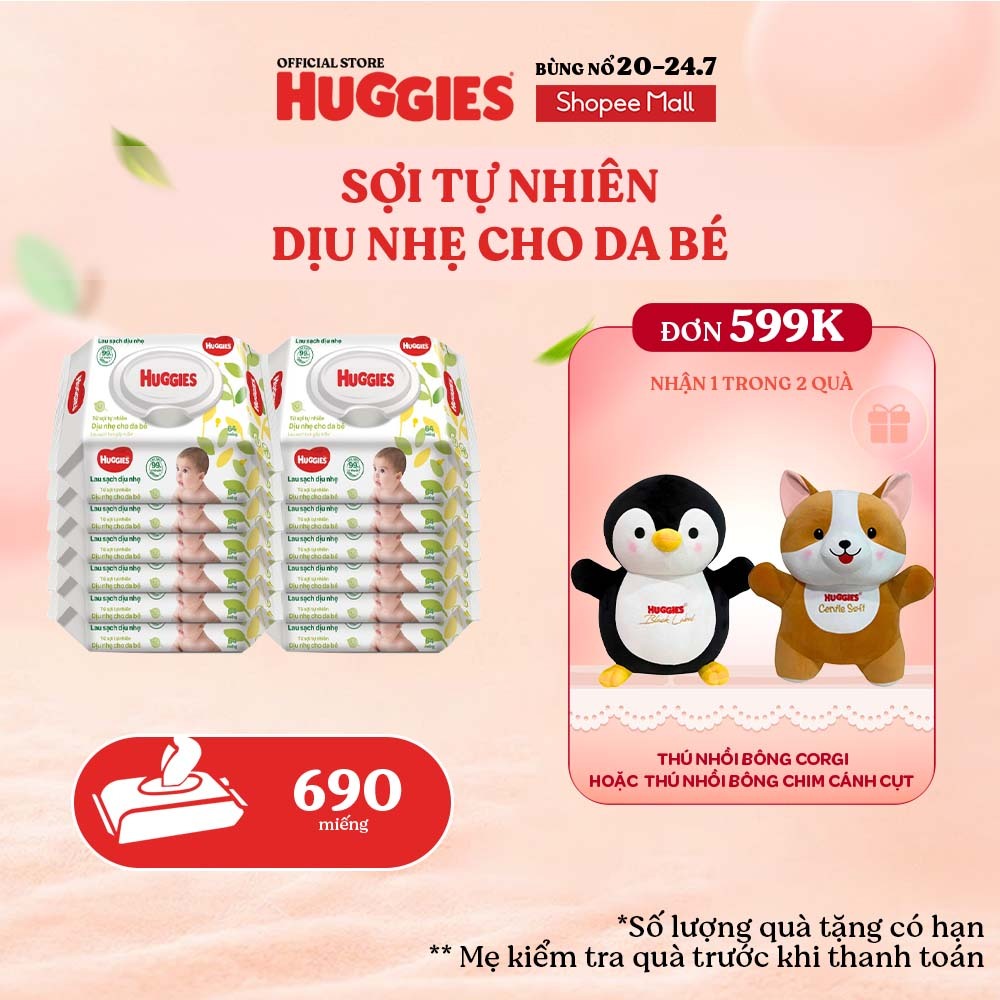 [KOL LIVE] Thùng 12 gói khăn ướt Huggies Êm mềm (không mùi) cao cấp, sợi tự nhiên và dịu nhẹ cho bé (80 miếng/gói)