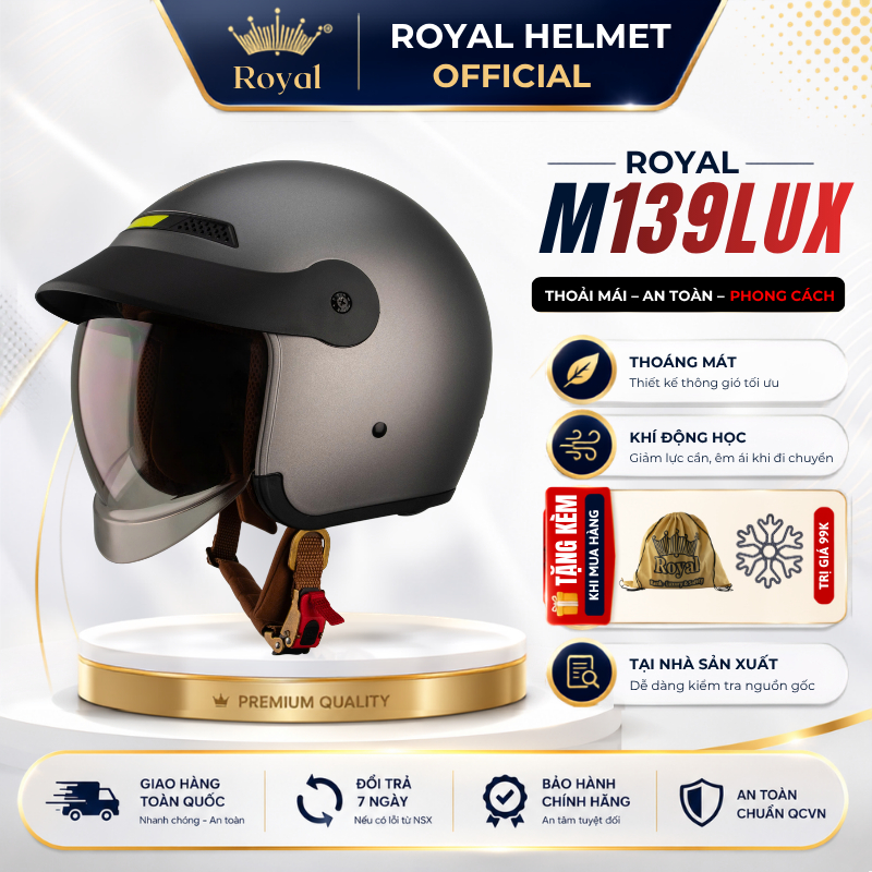 Mũ Bảo Hiểm 3/4 Royal M139 Luxury Chính Hãng Có Kính Tháo Lót Được, Nón Bảo Hiểm Royal Nam Nữ Đạt Chuẩn An Toàn
