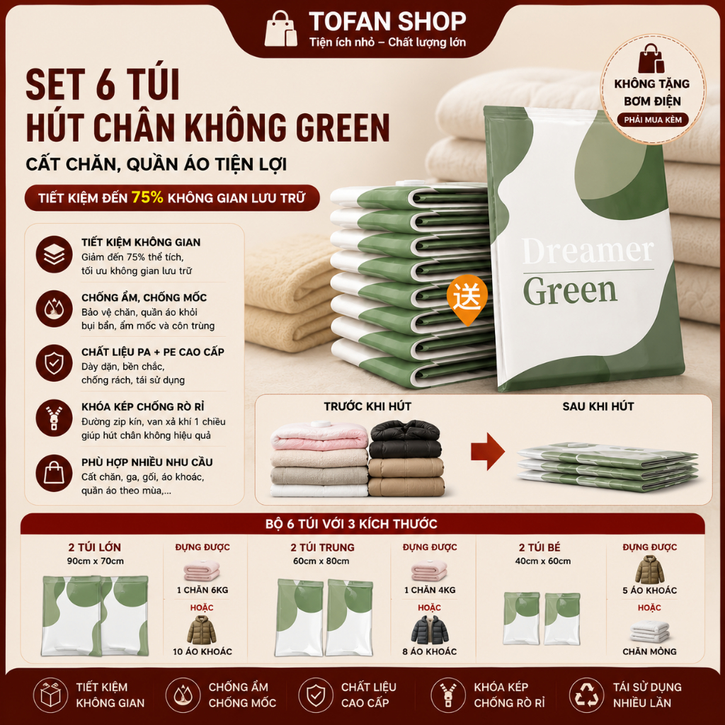 SET 6 TÚI HÚT CHÂN KHÔNG GREEN CẤT CHĂN, QUẦN ÁO TIỆN LỢI