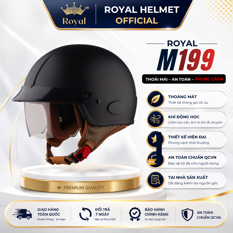 Mũ Bảo Hiểm Nửa Đầu Kính Âm Nửa Mặt Royal M199 Chính Hãng - Nón Bảo Hiểm Royal Có Kính Nam Nữ