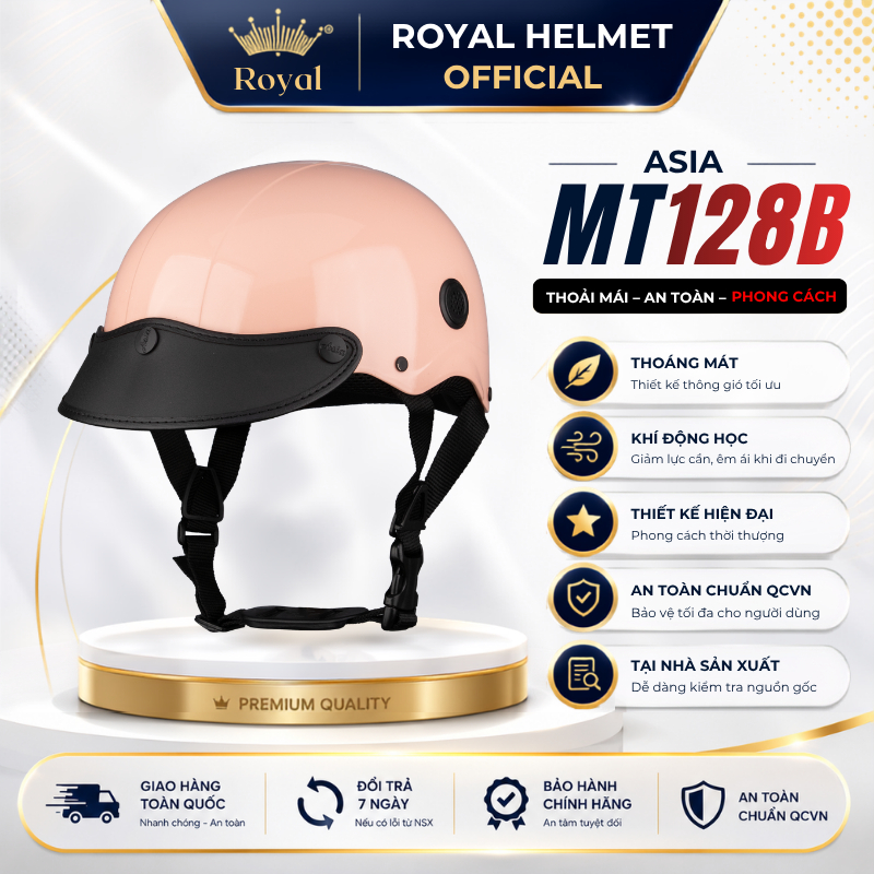 Mũ Bảo Hiểm Nửa Đầu Lưỡi Trai Asia MT-128B Gọn Nhẹ Nam Nữ, Mũ Bảo Hiểm Sơn Nửa Đầu Thoáng Khí